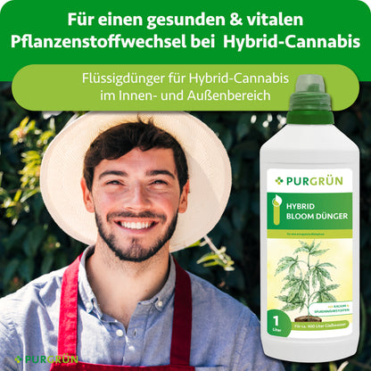 Lächelnder Gärtner neben dem 1-Liter-Hybrid-Bloom-Dünger für Hybrid-Cannabis im Innen- und Außenbereich.