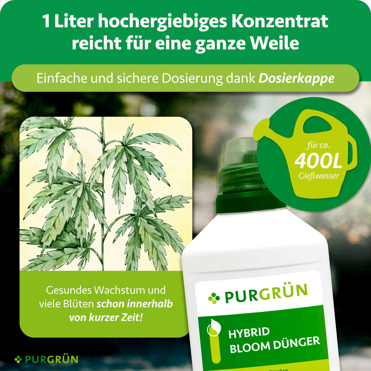 1 Liter Konzentrat reicht für ca. 400 Liter Gießwasser; die Dosierkappe ermöglicht eine einfache und sichere Dosierung.