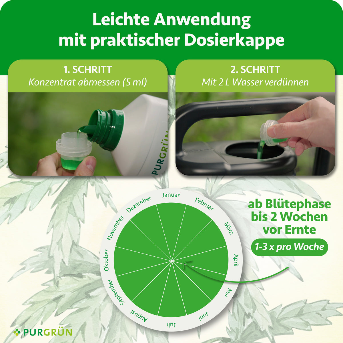 Anwendung: 5 ml Konzentrat abmessen, mit 2 l Wasser verdünnen und ab der Blütephase bis zwei Wochen vor der Ernte 1–3-mal pro Woche verwenden.