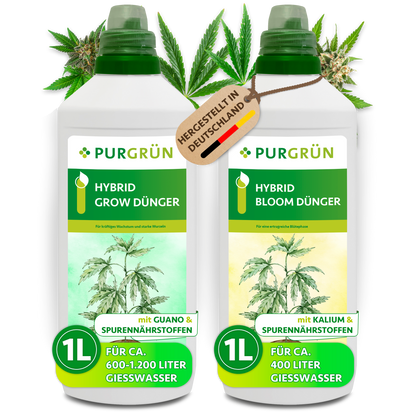 Purgrün Hybrid-Dünger-Set mit je 1 Liter Grow- und Bloom-Dünger, Dosierkappen und Cannabisblättern.