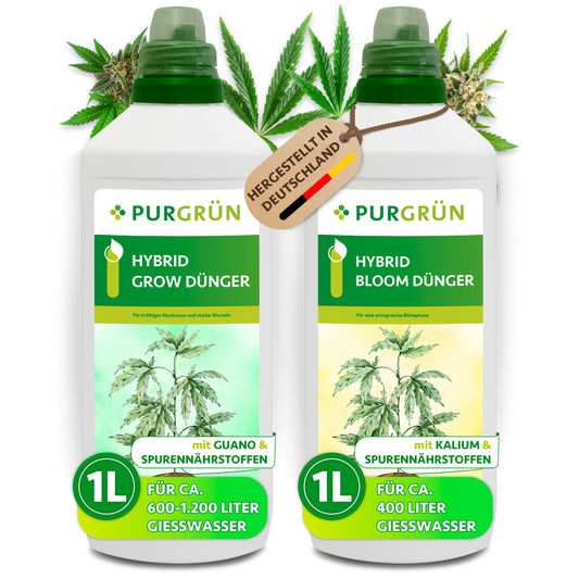 Purgrün Hybrid-Dünger-Set mit je 1 Liter Grow- und Bloom-Dünger, Dosierkappen und Cannabisblättern.