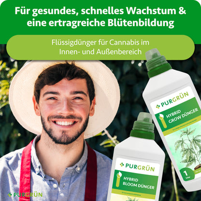 Grow- und Bloom-Flüssigdünger für Cannabis im Innen- und Außenbereich, beworben für gesundes, schnelles Wachstum und ertragreiche Blütenbildung.