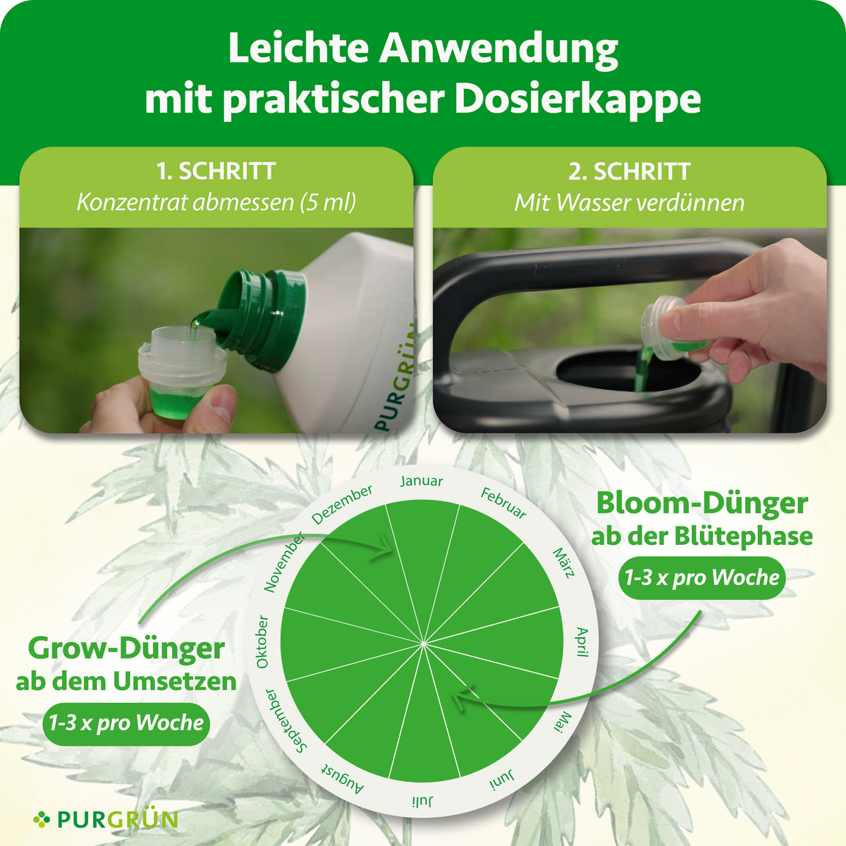 Anwendung: 5 ml Konzentrat abmessen und mit Wasser verdünnen; Grow-Dünger ab dem Umsetzen und Bloom-Dünger ab der Blütephase jeweils 1–3-mal pro Woche verwenden.