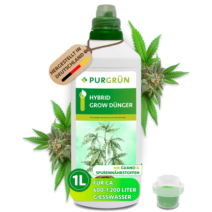 1-Liter-Flasche Purgrün Hybrid-Grow-Dünger mit Dosierkappe, Cannabisblüten und Anhänger „Hergestellt in Deutschland“.