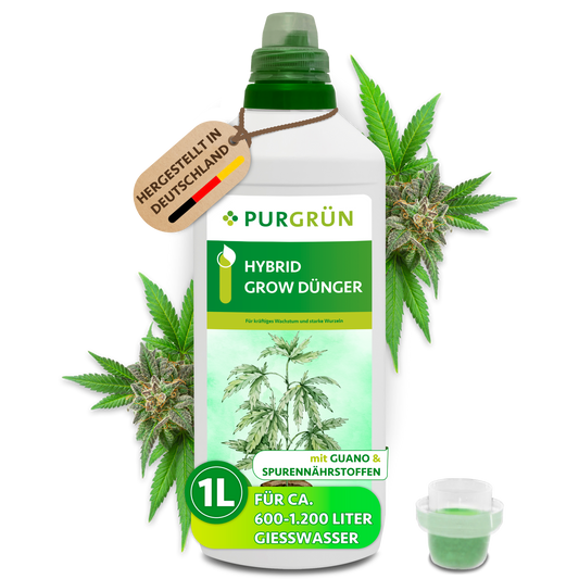 1-Liter-Flasche Purgrün Hybrid-Grow-Dünger mit Dosierkappe, Cannabisblüten und Anhänger „Hergestellt in Deutschland“.