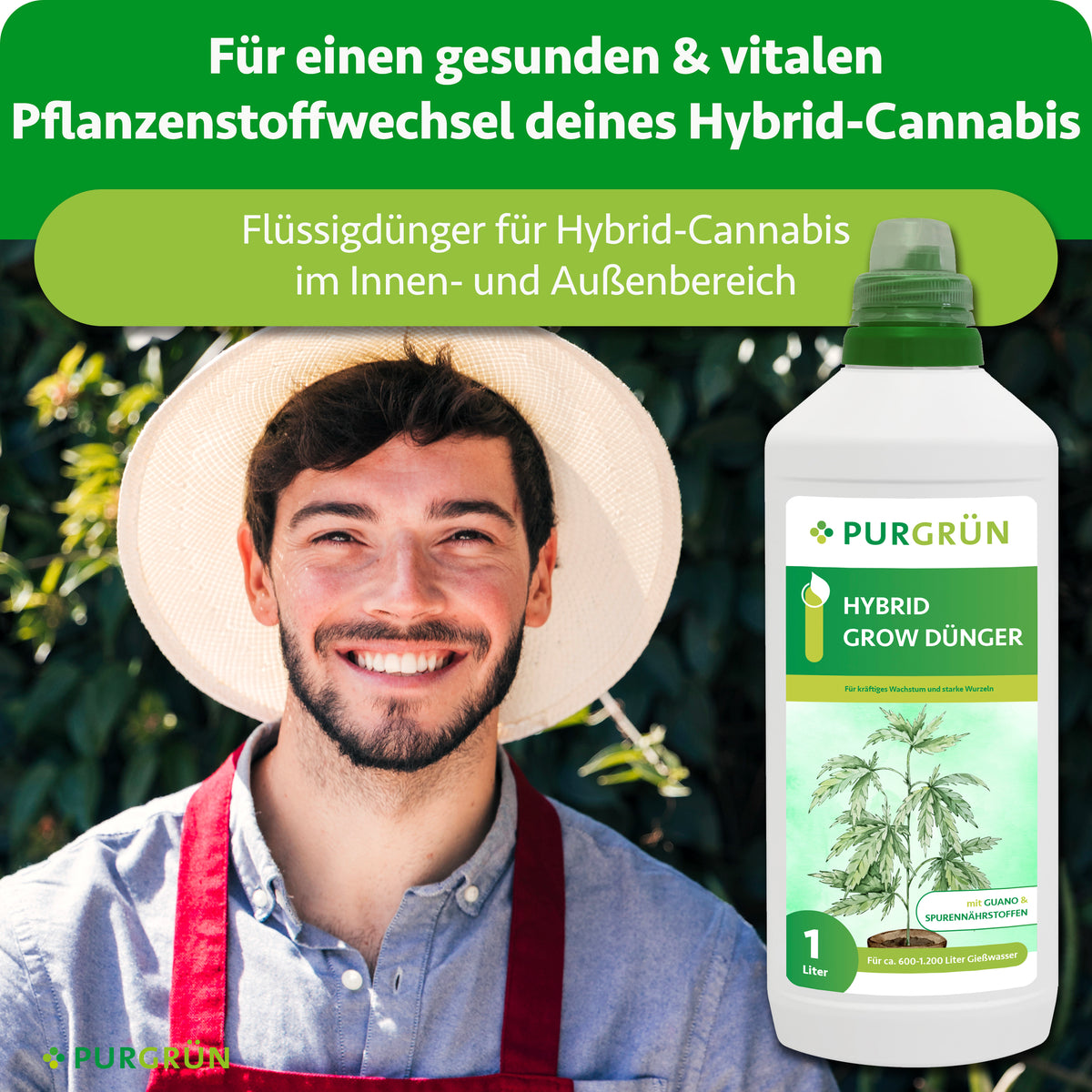 Lächelnder Gärtner neben dem Purgrün Hybrid-Grow-Dünger für Hybrid-Cannabis im Innen- und Außenbereich.