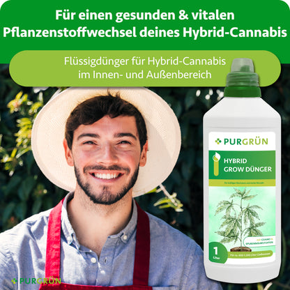 Lächelnder Gärtner neben dem Purgrün Hybrid-Grow-Dünger für Hybrid-Cannabis im Innen- und Außenbereich.