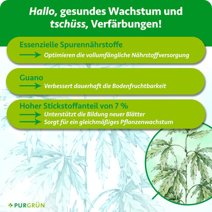 Essenzielle Spurennährstoffe optimieren die Nährstoffversorgung, Guano verbessert die Bodenfruchtbarkeit und 7 % Stickstoff unterstützen neue Blätter sowie gleichmäßiges Wachstum.
