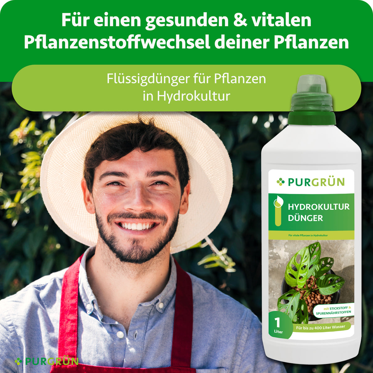 Hydrokultur-Dünger für einen gesunden und vitalen Pflanzenstoffwechsel, dargestellt neben einem lächelnden Gärtner.