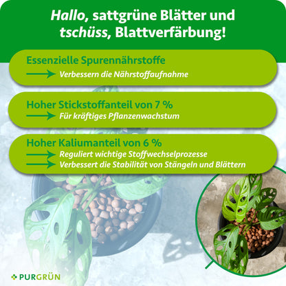 Spurennährstoffe verbessern die Nährstoffaufnahme; 7 % Stickstoff fördern kräftiges Wachstum und 6 % Kalium unterstützen Stoffwechselprozesse sowie stabile Stängel und Blätter.