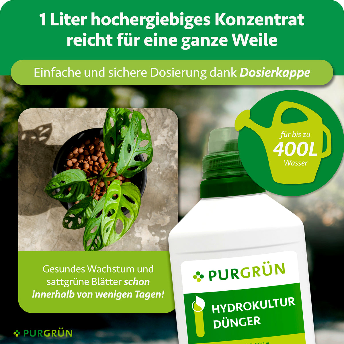 Ein Liter hochergiebiges Konzentrat reicht für bis zu 400 Liter Wasser und lässt sich mit der Dosierkappe einfach dosieren.