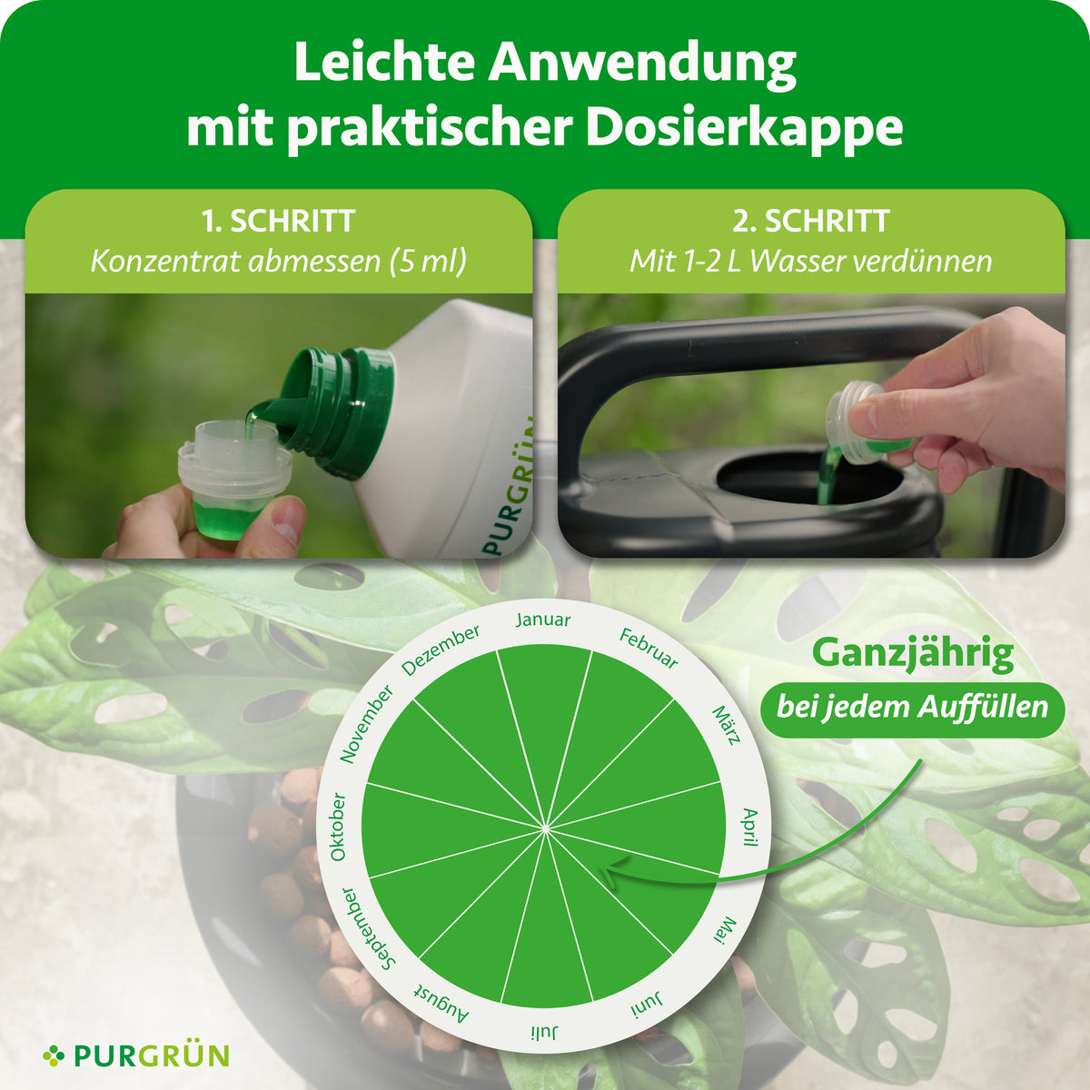 Anwendung: 5 ml Konzentrat abmessen, mit 1–2 Litern Wasser verdünnen und ganzjährig bei jedem Auffüllen verwenden.