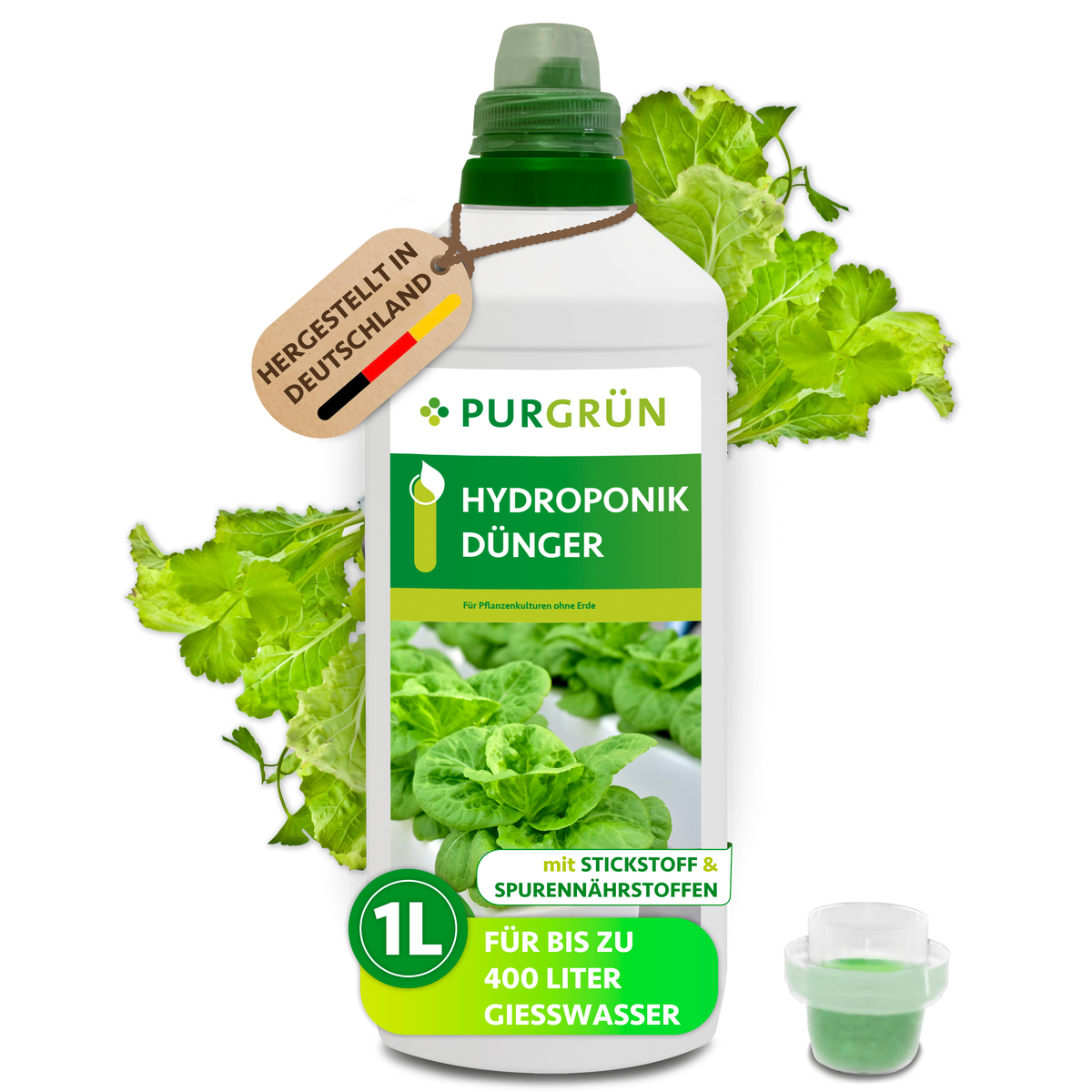 Purgrün Hydroponik-Dünger, 1 Liter, mit Dosierkappe; das Konzentrat reicht für bis zu 400 Liter Gießwasser.