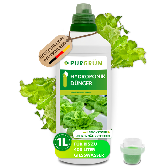 Purgrün Hydroponik-Dünger, 1 Liter, mit Dosierkappe; das Konzentrat reicht für bis zu 400 Liter Gießwasser.