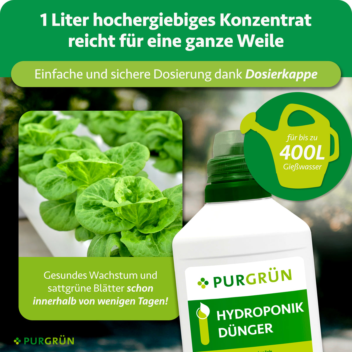 1 Liter Konzentrat reicht für bis zu 400 Liter Gießwasser und lässt sich mit der Dosierkappe einfach dosieren.