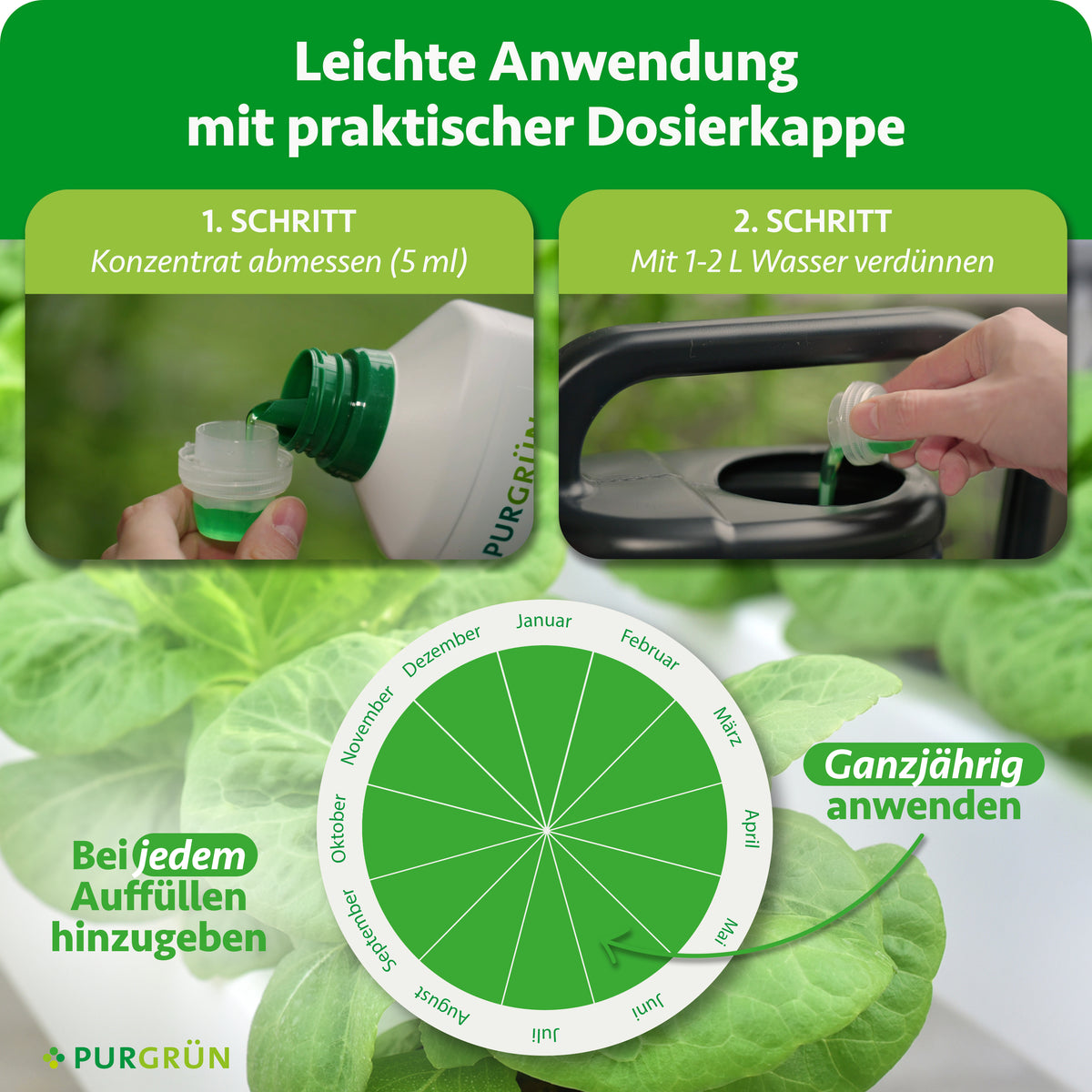 Anwendung: 5 ml Konzentrat abmessen und mit 1–2 Litern Wasser verdünnen. Bei jedem Auffüllen ganzjährig hinzugeben.