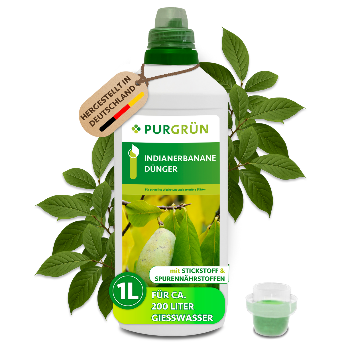 Purgrün Indianerbanane-Dünger in der 1-Liter-Flasche mit Dosierkappe und grünen Blättern; ausreichend für ca. 200 Liter Gießwasser.