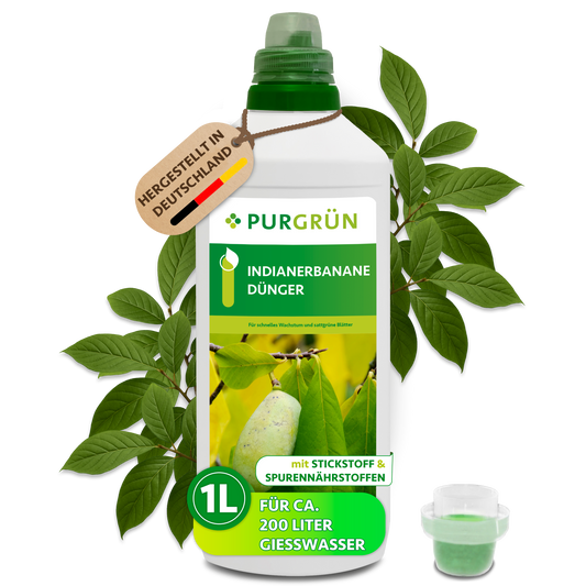 Purgrün Indianerbanane-Dünger in der 1-Liter-Flasche mit Dosierkappe und grünen Blättern; ausreichend für ca. 200 Liter Gießwasser.
