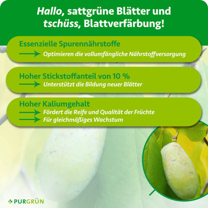 Spurennährstoffe optimieren die Nährstoffversorgung, 10 % Stickstoff unterstützt die Blattbildung und Kalium fördert Fruchtreife, Qualität und gleichmäßiges Wachstum.