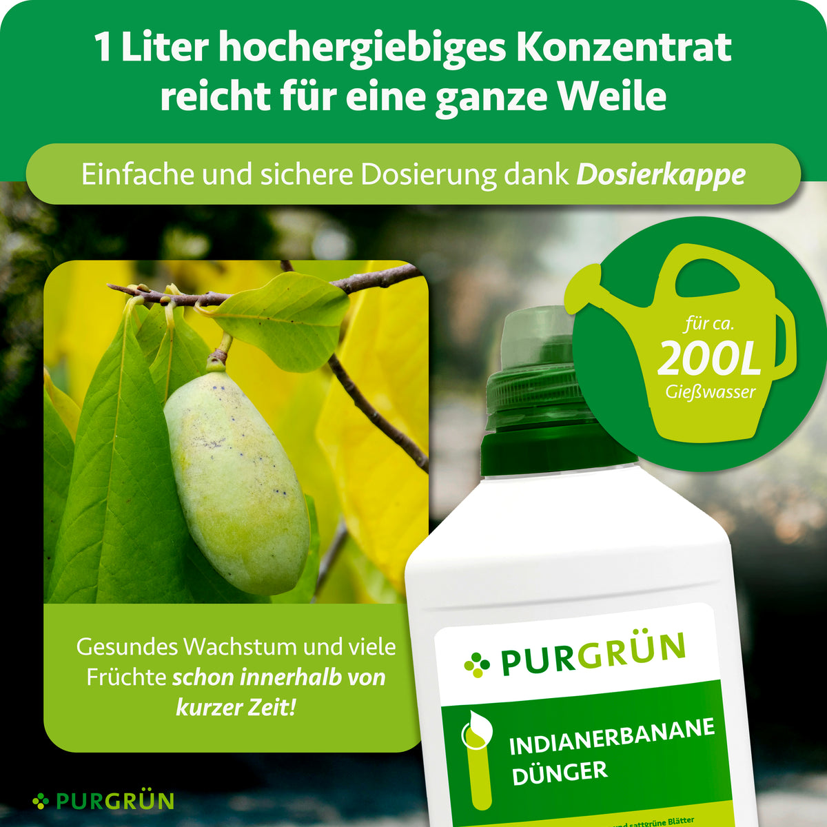 Ein Liter Konzentrat reicht für ca. 200 Liter Gießwasser; die Dosierkappe ermöglicht eine einfache und sichere Dosierung.