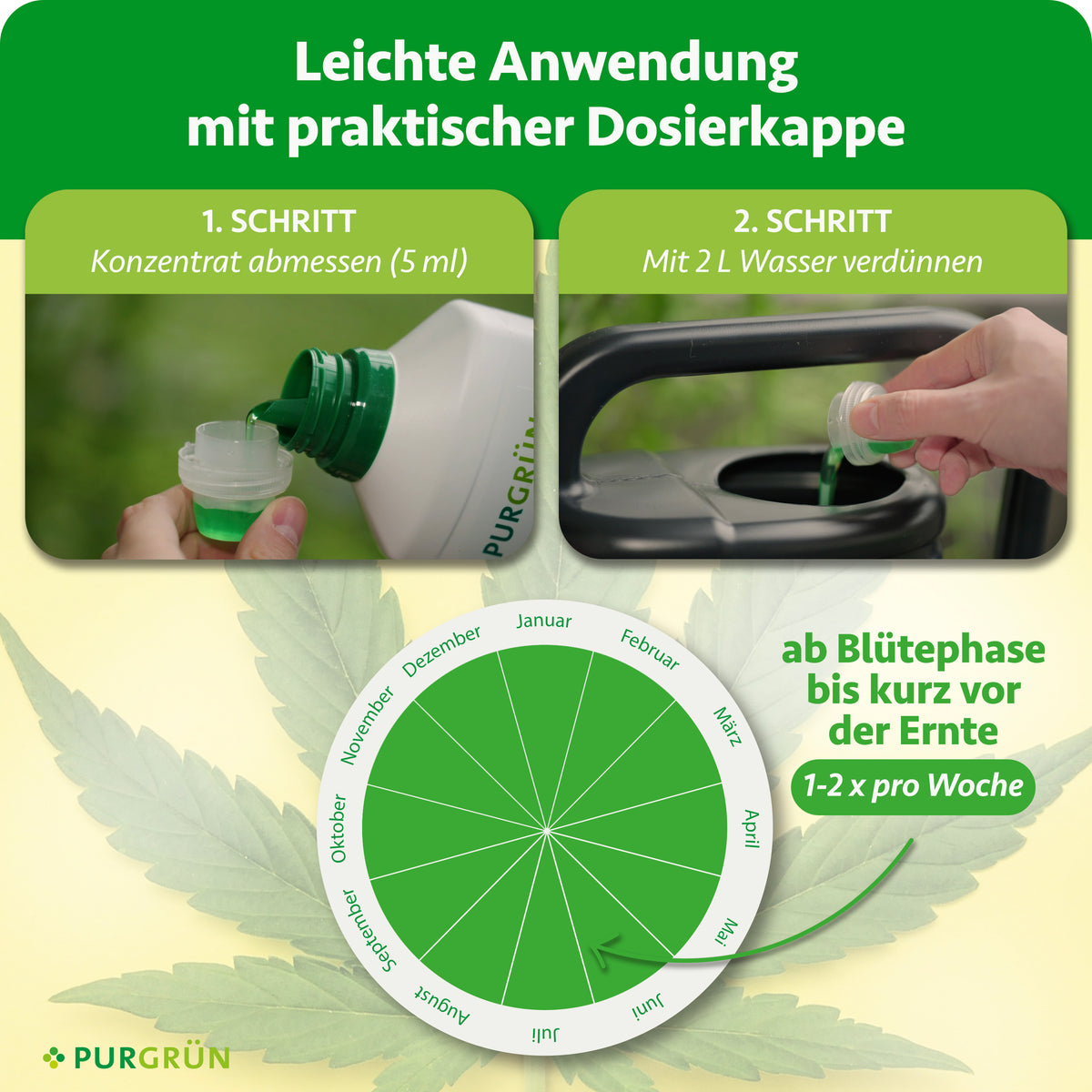 Anwendung: 5 ml Konzentrat abmessen, mit 2 l Wasser verdünnen und ab der Blütephase bis kurz vor der Ernte 1–2-mal pro Woche düngen.