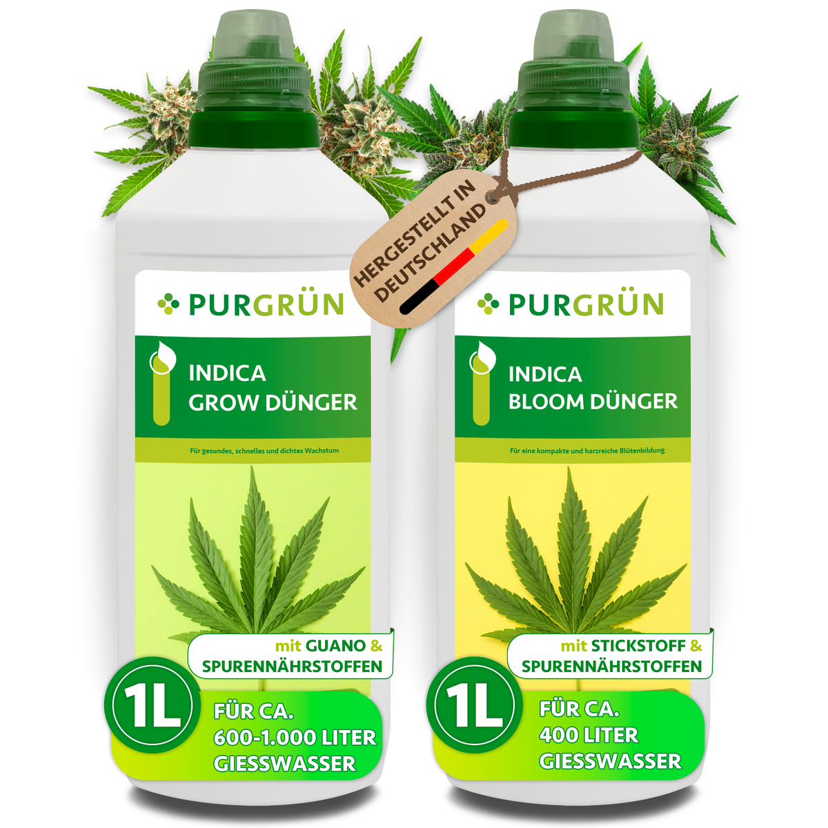 Indica-Dünger-Set mit je 1 Liter Grow- und Bloom-Dünger, beide Flaschen mit Dosierkappe.