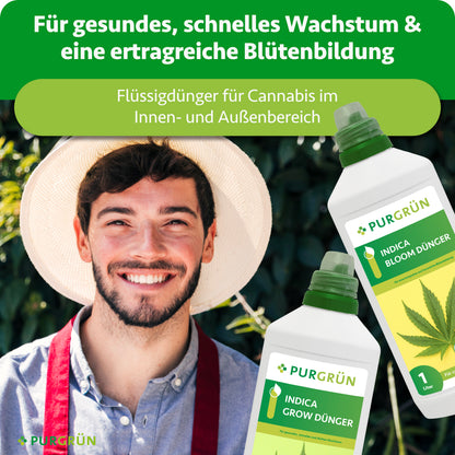 Indica-Grow- und Bloom-Flüssigdünger für gesundes, schnelles Wachstum und ertragreiche Blütenbildung im Innen- und Außenbereich, dargestellt neben einem lächelnden Gärtner.