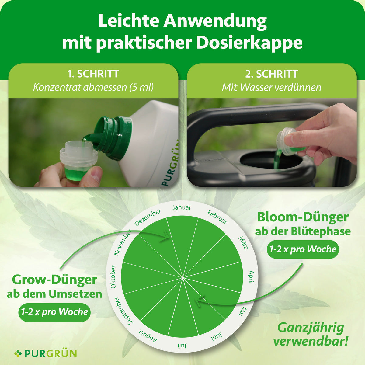 5 ml Konzentrat abmessen und mit Wasser verdünnen. Grow-Dünger ab dem Umsetzen, Bloom-Dünger ab der Blütephase, jeweils 1–2-mal pro Woche und ganzjährig.