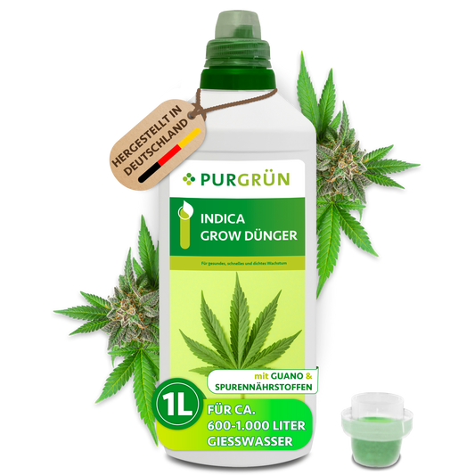 Purgrün Indica-Grow-Dünger in der 1-Liter-Flasche mit Dosierkappe, Guano und Spurennährstoffen; ausreichend für ca. 600–1.000 Liter Gießwasser.