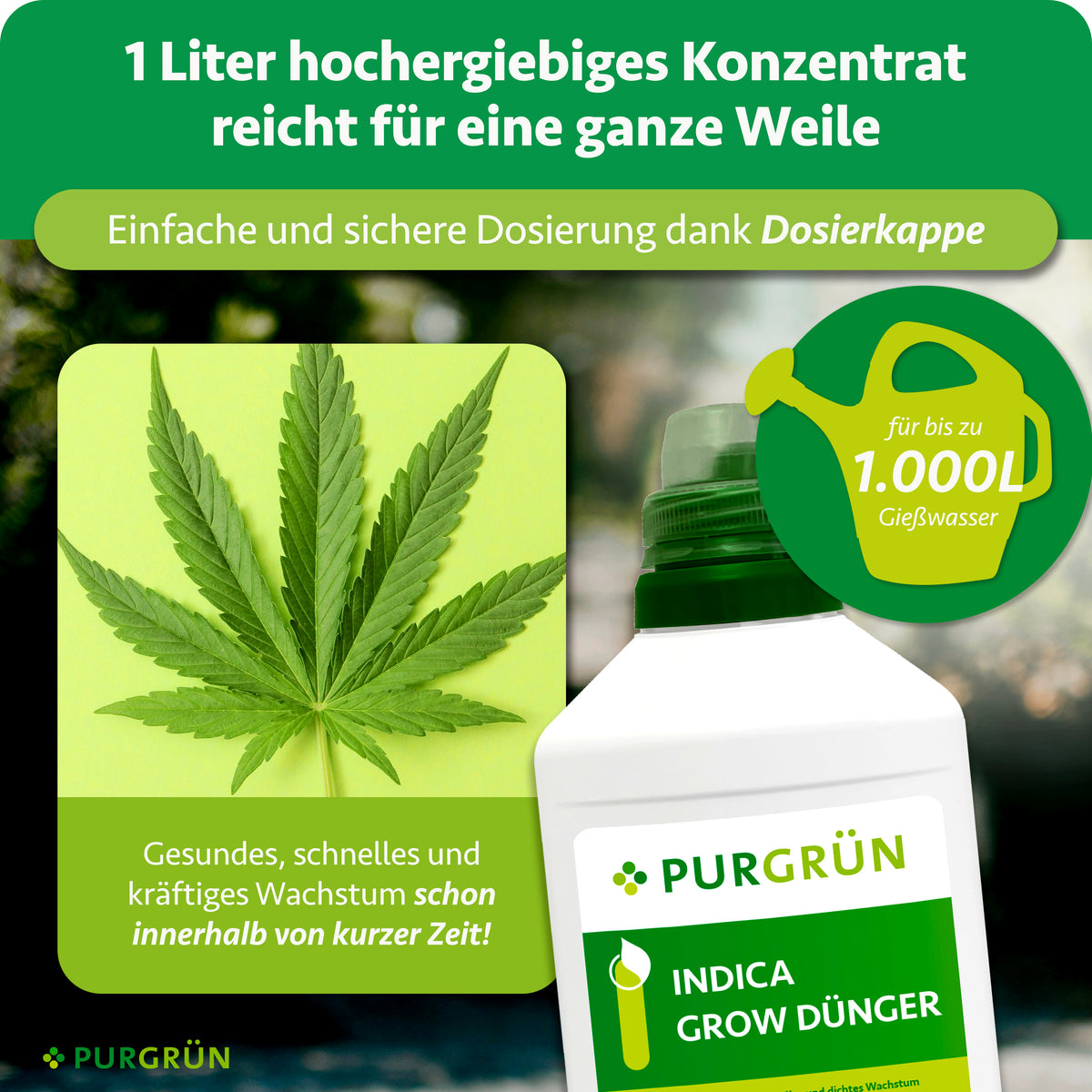 1 Liter Konzentrat reicht für bis zu 1.000 Liter Gießwasser; die Dosierkappe ermöglicht einfaches und sicheres Abmessen.