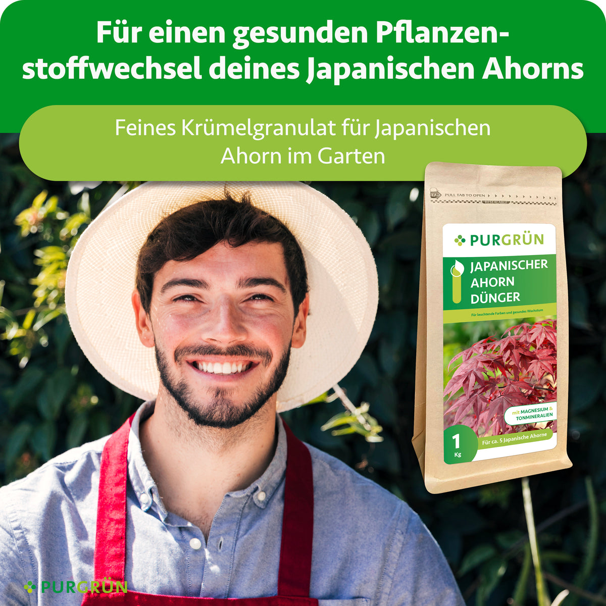 Feines Krümelgranulat für einen gesunden Pflanzenstoffwechsel des Japanischen Ahorns; daneben ein lächelnder Gärtner und der Düngerbeutel.