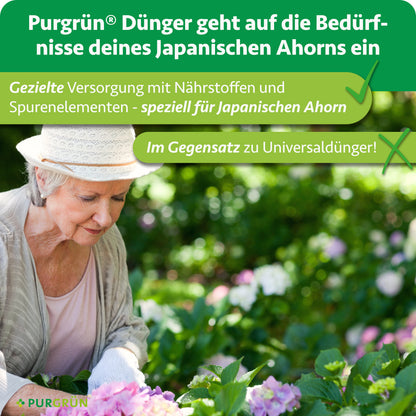 Purgrün-Dünger versorgt Japanischen Ahorn gezielt mit Nährstoffen und Spurenelementen, im Gegensatz zu Universaldünger.