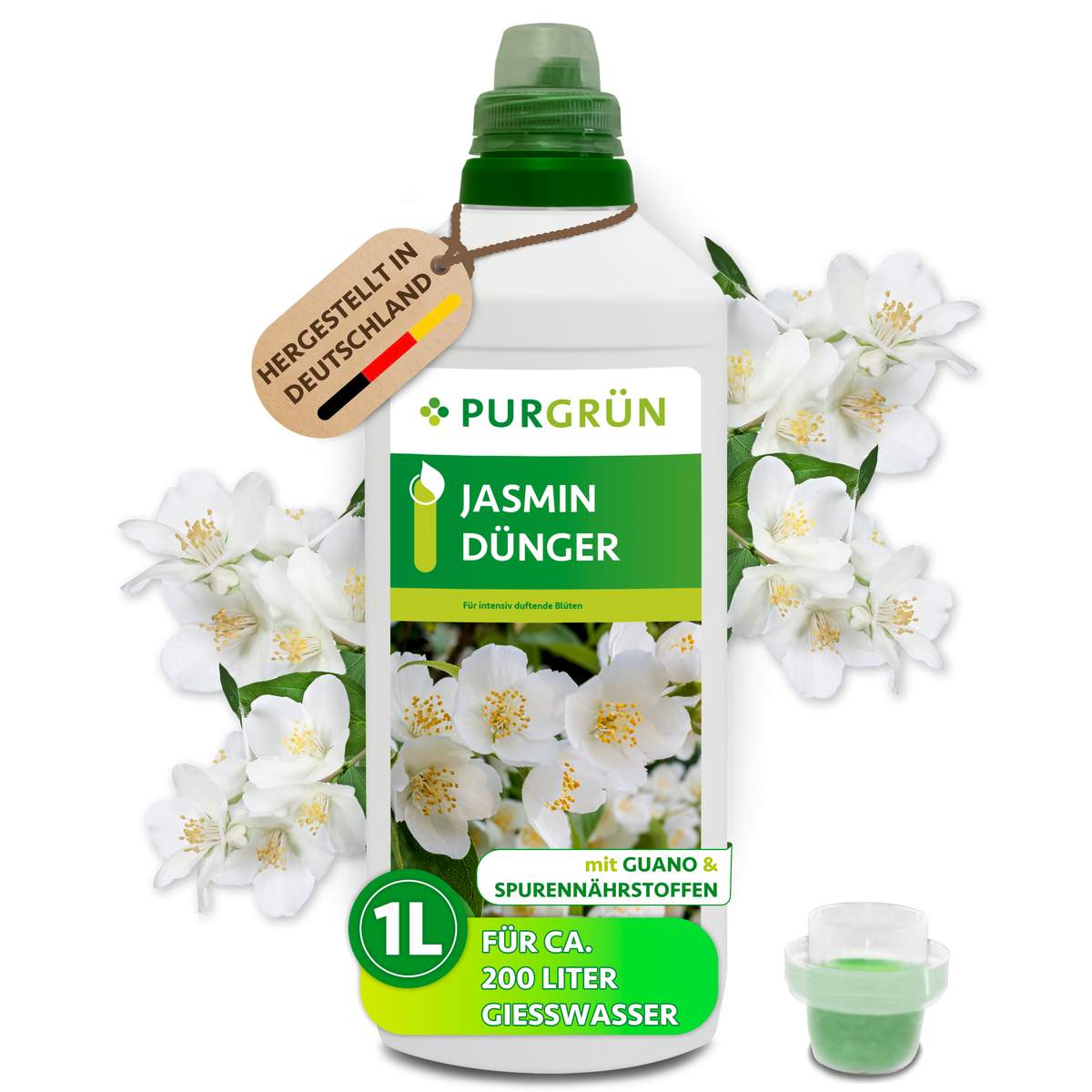 Purgrün Jasmin-Dünger in der 1-Liter-Flasche mit Dosierkappe, umgeben von weißen Jasminblüten.