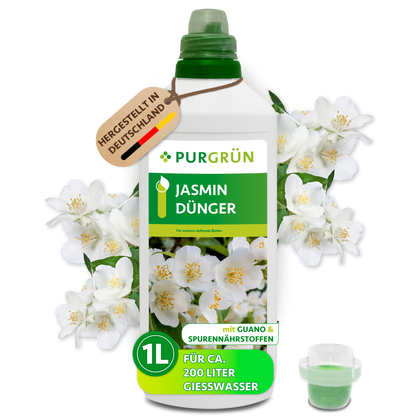 Purgrün Jasmin-Dünger in der 1-Liter-Flasche mit Dosierkappe, umgeben von weißen Jasminblüten.