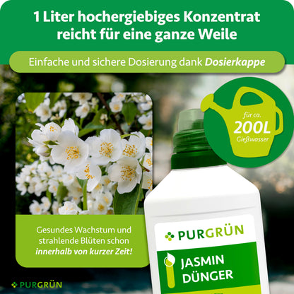 1 Liter Jasmin-Dünger-Konzentrat mit Dosierkappe reicht für ca. 200 Liter Gießwasser.