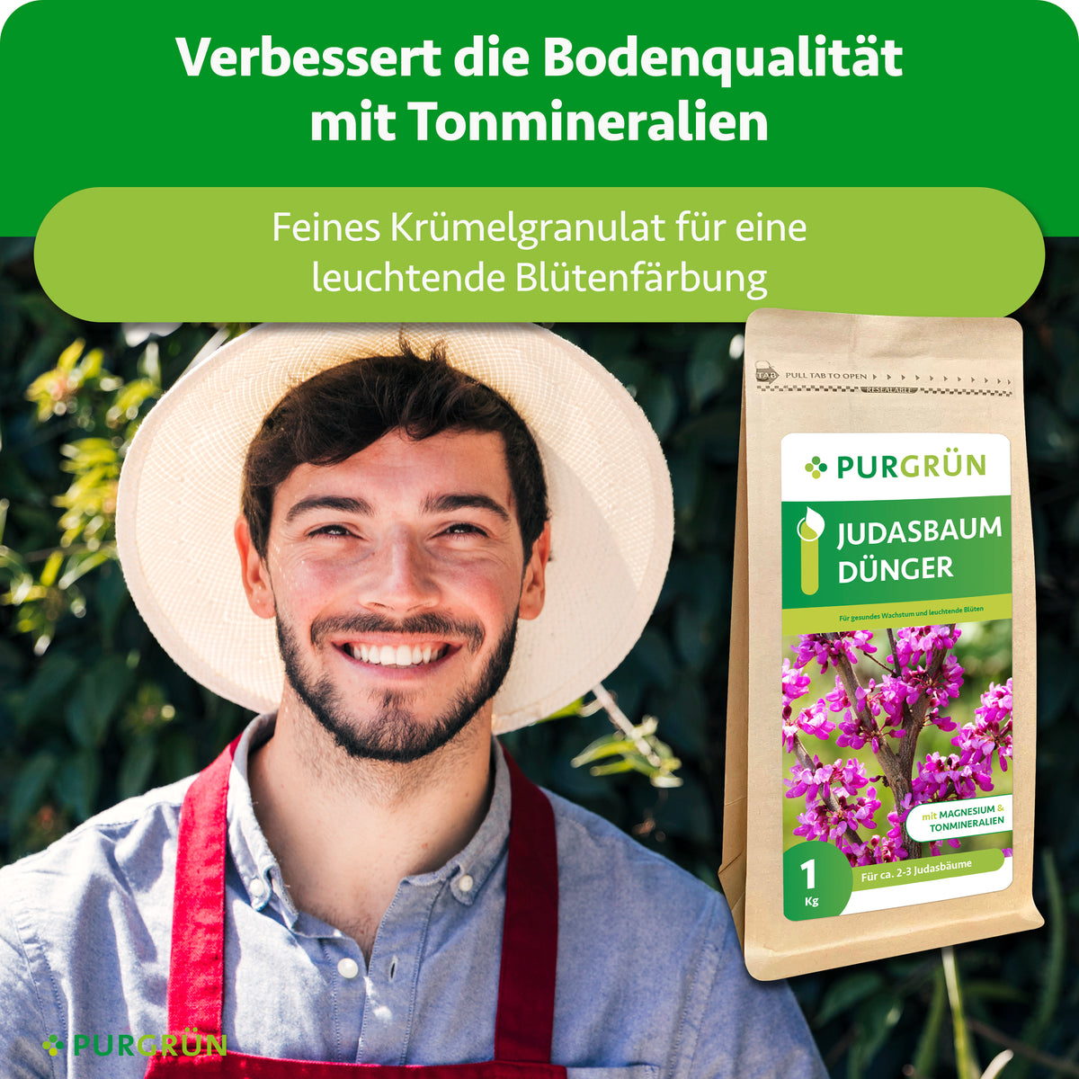 Tonmineralien verbessern die Bodenqualität; feines Krümelgranulat dient einer leuchtenden Blütenfärbung. Daneben lächelt ein Gärtner neben dem Düngerbeutel.