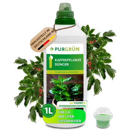 Purgrün Kaffeepflanze-Dünger, 1 Liter, mit Dosierkappe; das Konzentrat reicht für ca. 400 Liter Gießwasser.