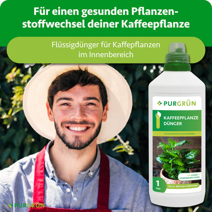 Flüssigdünger für Kaffeepflanzen im Innenbereich und einen gesunden Pflanzenstoffwechsel, dargestellt neben einem lächelnden Gärtner.