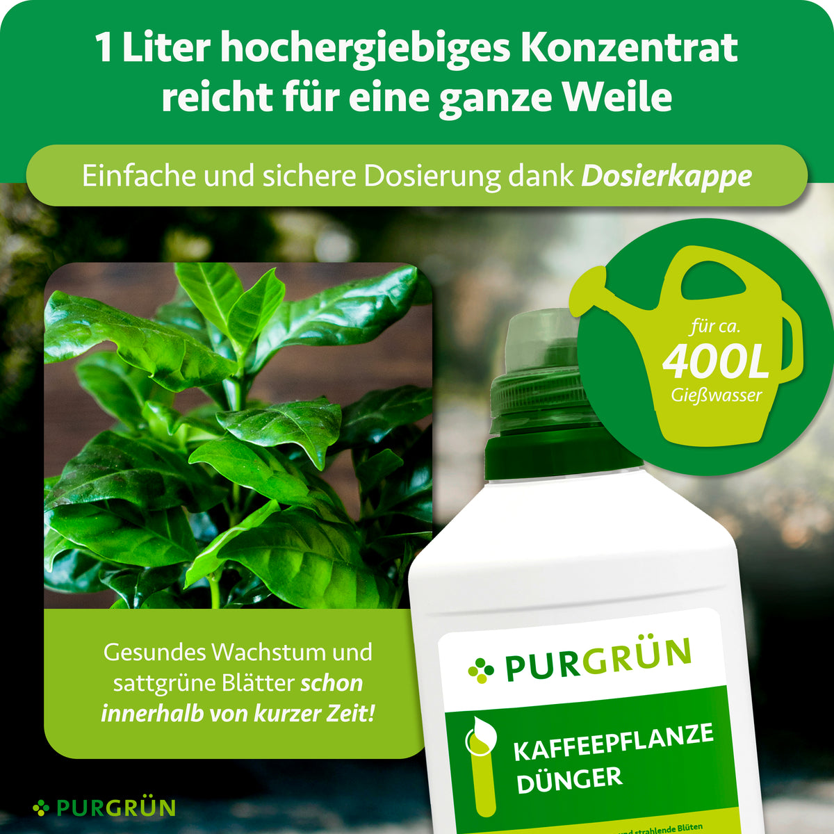 1 Liter Konzentrat reicht für ca. 400 Liter Gießwasser und lässt sich mit der Dosierkappe einfach dosieren.