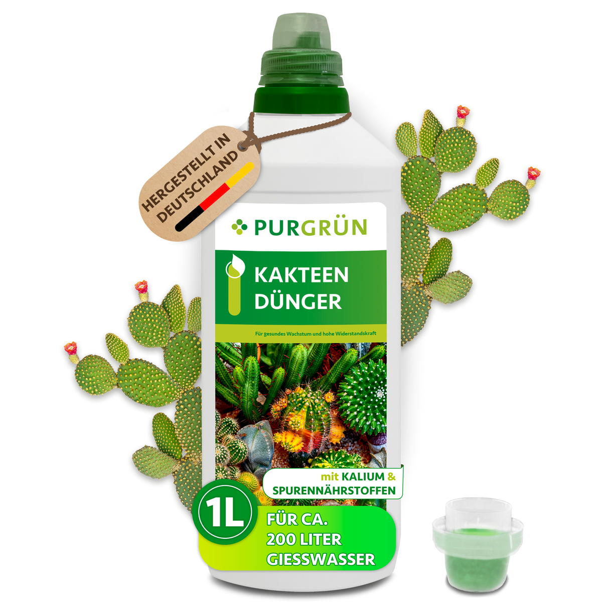 Purgrün Kakteendünger in der 1-Liter-Flasche mit Dosierkappe, ausreichend für ca. 200 Liter Gießwasser.