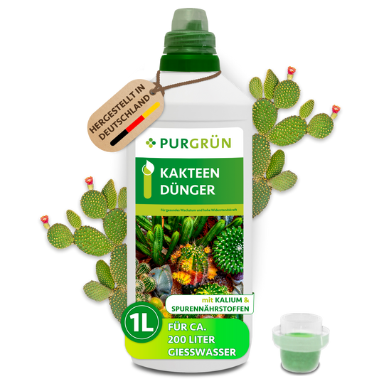 Purgrün Kakteendünger in der 1-Liter-Flasche mit Dosierkappe, ausreichend für ca. 200 Liter Gießwasser.