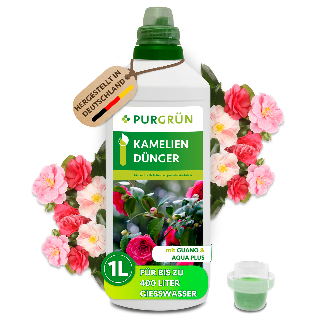 Purgrün Kameliendünger in der 1-Liter-Flasche mit Dosierkappe, Guano und Aqua Plus; reicht für bis zu 400 Liter Gießwasser.