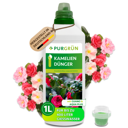 Purgrün Kameliendünger in der 1-Liter-Flasche mit Dosierkappe, Guano und Aqua Plus; reicht für bis zu 400 Liter Gießwasser.