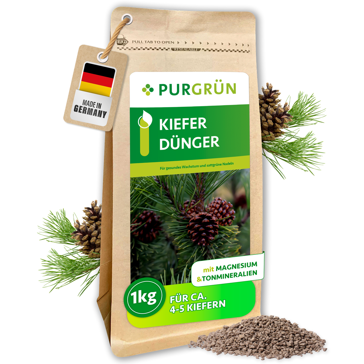 Purgrün Kiefer-Dünger im 1-kg-Beutel mit Krümelgranulat, Magnesium und Tonmineralien; ausreichend für ca. 4–5 Kiefern.