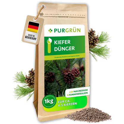 Purgrün Kiefer-Dünger im 1-kg-Beutel mit Krümelgranulat, Magnesium und Tonmineralien; ausreichend für ca. 4–5 Kiefern.