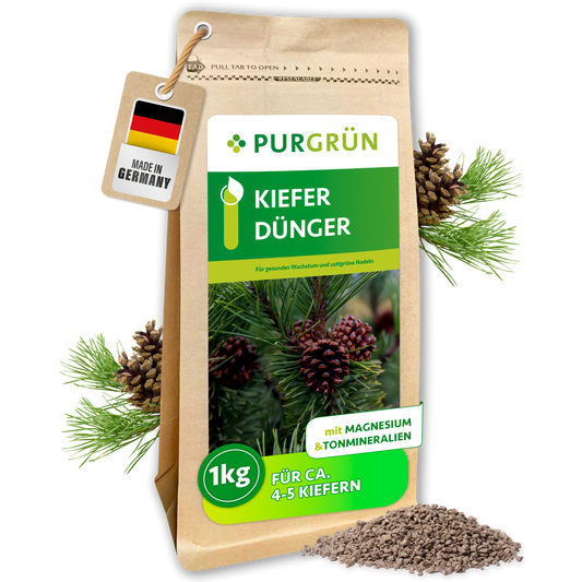 Purgrün Kiefer-Dünger im 1-kg-Beutel mit Krümelgranulat, Magnesium und Tonmineralien; ausreichend für ca. 4–5 Kiefern.