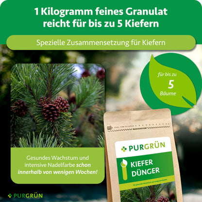 1 kg feines Granulat reicht für bis zu 5 Kiefern; die spezielle Zusammensetzung fördert gesundes Wachstum und intensive Nadelfarbe innerhalb weniger Wochen.