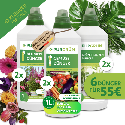 Klassiker-Mix mit je zwei 1-Liter-Flaschen Blumen-, Grünpflanzen- und Bio-Gemüsedünger; sechs Dünger für 55 €, hergestellt in Deutschland.