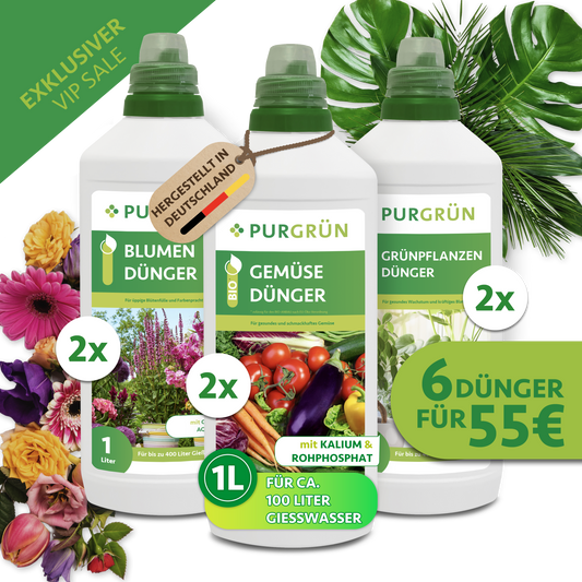 Klassiker-Mix mit je zwei 1-Liter-Flaschen Blumen-, Grünpflanzen- und Bio-Gemüsedünger; sechs Dünger für 55 €, hergestellt in Deutschland.