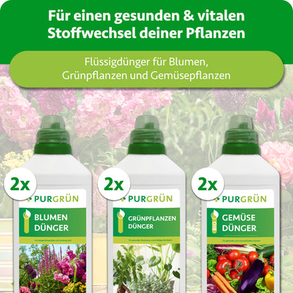 Je zwei Flaschen Blumen-, Grünpflanzen- und Bio-Gemüsedünger für einen gesunden und vitalen Pflanzenstoffwechsel.